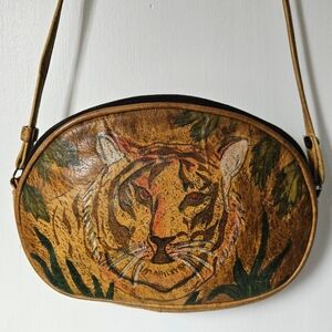Vintage Hand Painted Emily Ann Tiger Print Leather Crossbody Bag